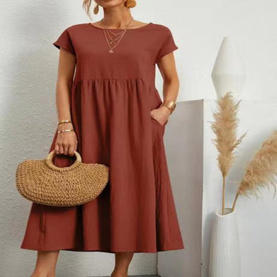 European And American Solid Color Sleeveless Loose Cotton Linen Pocket Dress