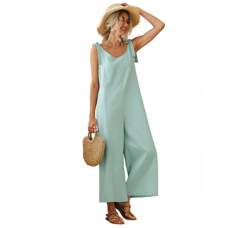 Summer Women's Clothing Tied Wide Loose Straight Leg Solid Color One Piece Bib Women
