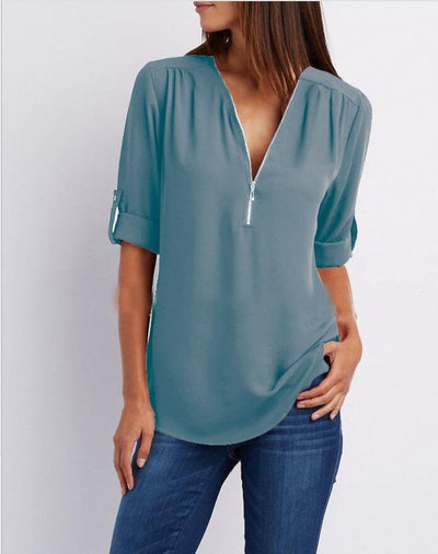 Zip V-neck Shirts Women Short Sleeve Loose Tops