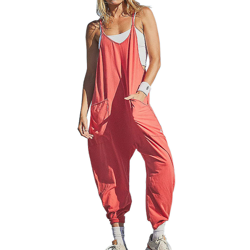 Summer Women's Loose Sleeveless Jumpsuits Spaghetti Strap Long Pant Romper Jumpsuit With Pockets Zipper