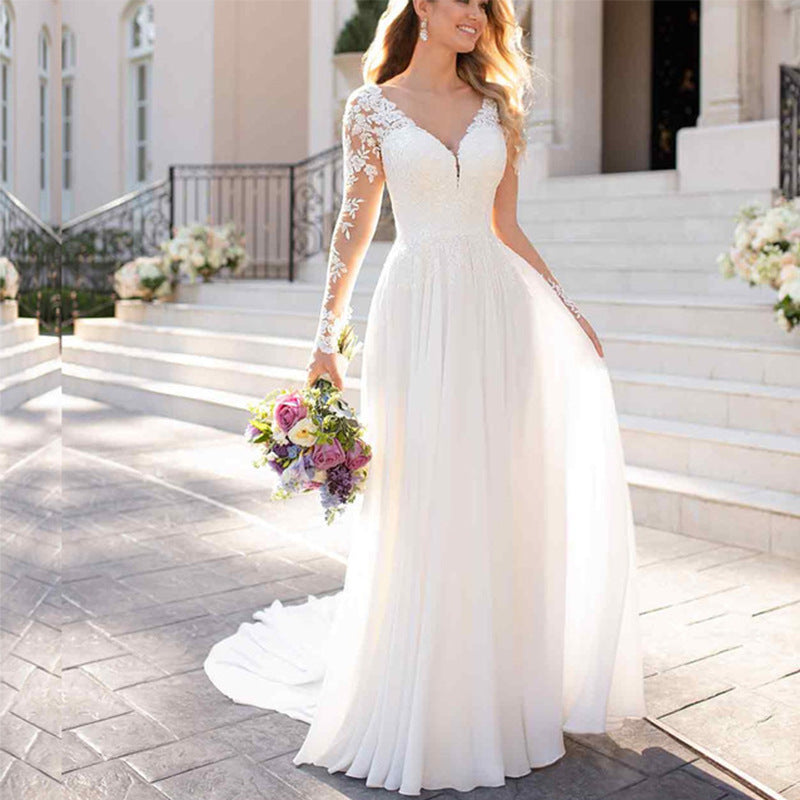 Sexy Backless Deep V-neck Wedding Dress Women White Evening Dress