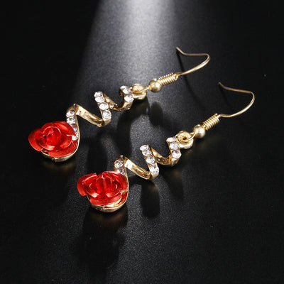Fashion Jewelry Ethnic Red Rose Drop Earrings Big Rhinestone Earrings Vintage For Women Rose Gold Spiral Dangle Earring