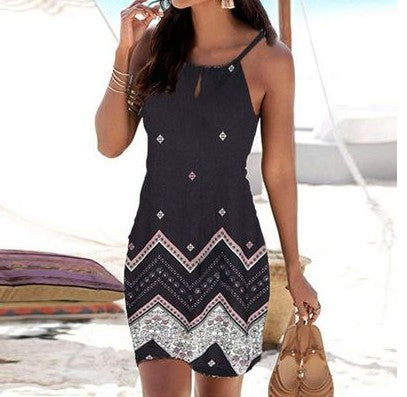 Halter Neck Printed Sleeveless Casual Mini Beach Dress