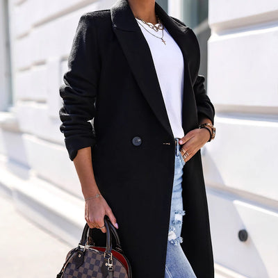 Women's Simple Long Sleeve Lapel Button Slit Woolen Coat