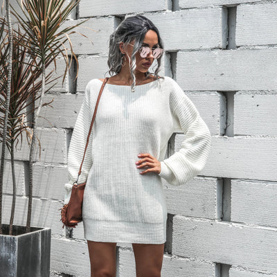 European/American Casual Off Shoulder Lantern Sleeve Knitted Sweater Dress