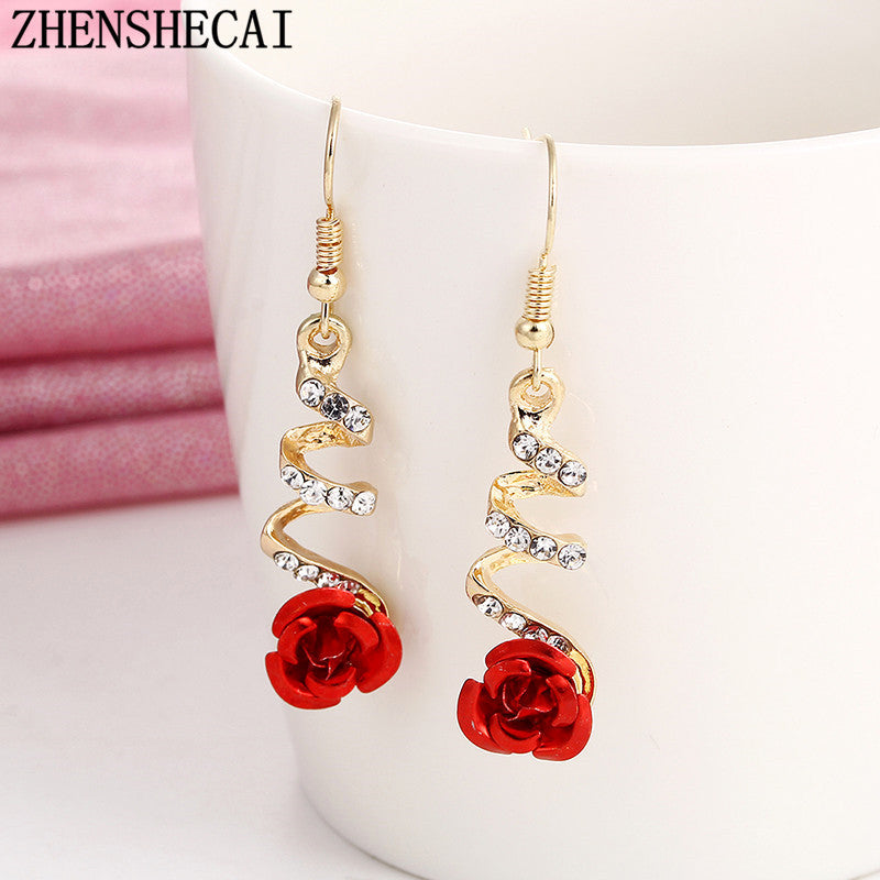 Fashion Jewelry Ethnic Red Rose Drop Earrings Big Rhinestone Earrings Vintage For Women Rose Gold Spiral Dangle Earring