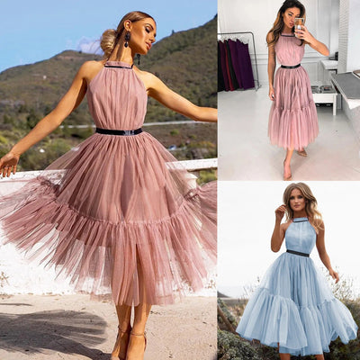 Spring & Summer New Halter Mesh Casual Women's Loose-fitting Pleated Dress