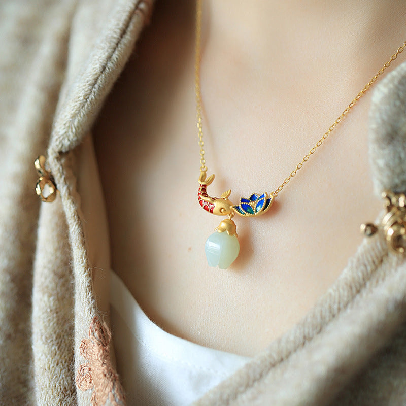 Koi Lotus Jade Pendant Necklace