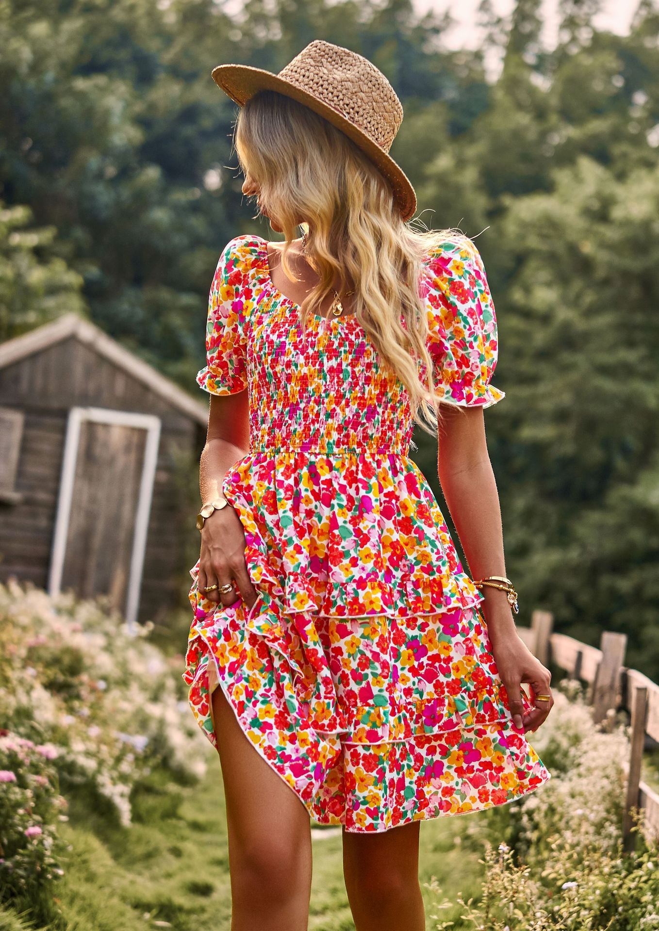 Floral Ruffle Summer Dress Short Sleeve Off Shoulder Mini Dress