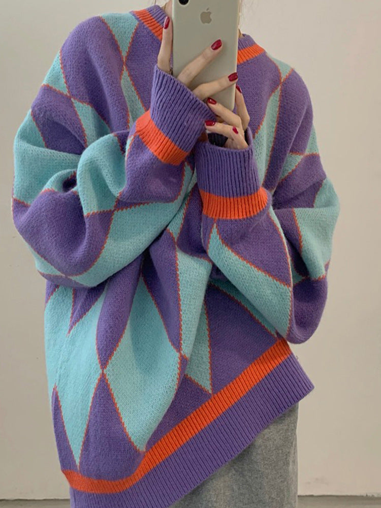 Women's Korean Style Loose Pullover Diamond Sweater