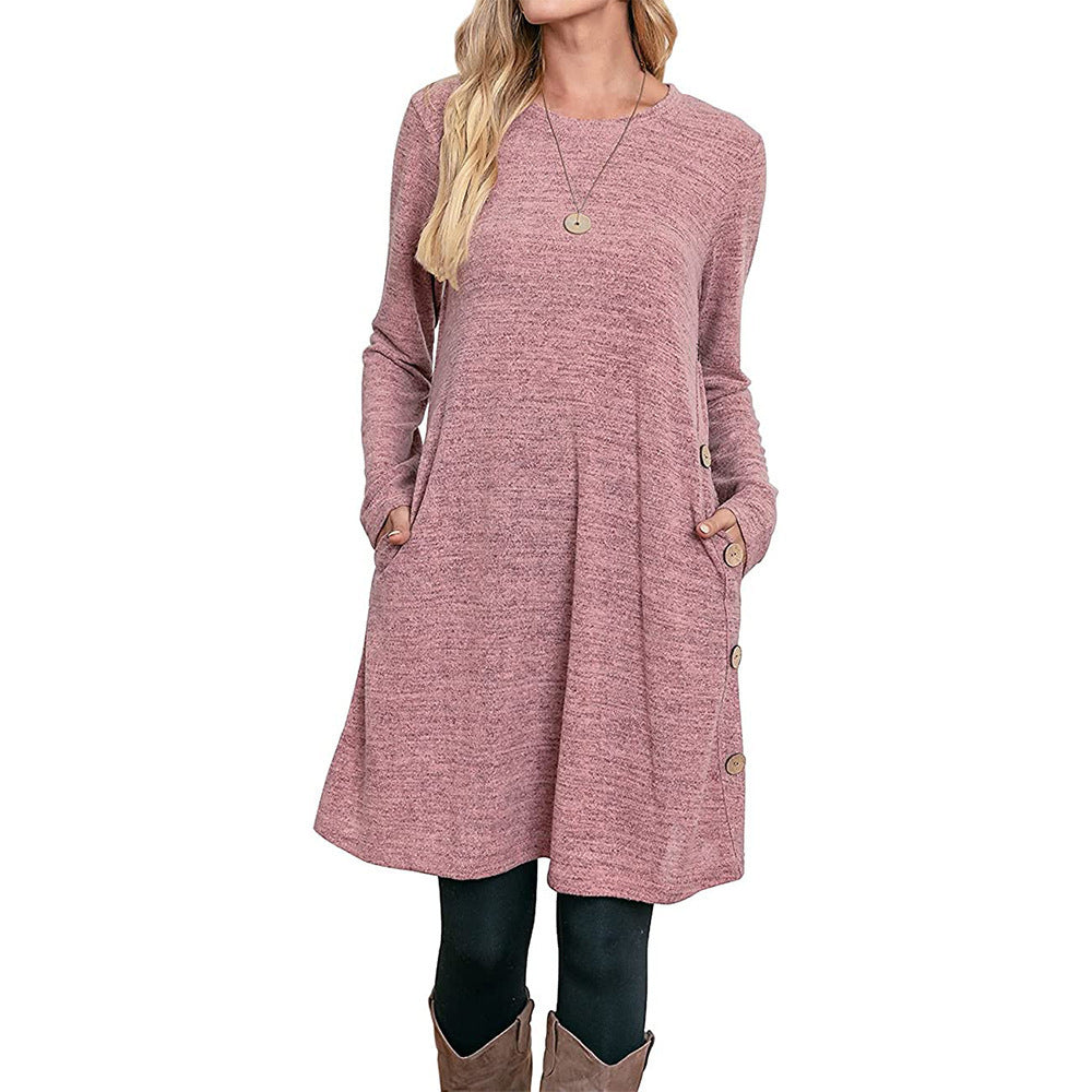 Colored Cotton Knitted Long-sleeved Buttoned Pocket A-line Fashion Dress