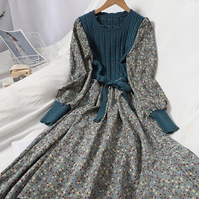 Corduroy Floral Women Vintage Knitted Patchwork Dress