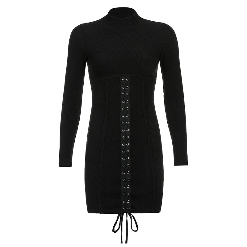 Tie Up Bandage Black Bodycon Autumn/Winter Dress For Women