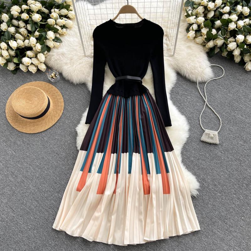 Autumn Winter Elegant Knitted Patchwork Contrast Color Pleated Dress