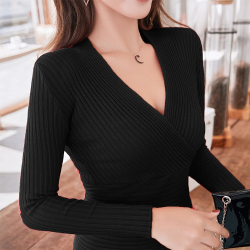 2023 New Deep V Neck Women's Pullover Casual Slim Top