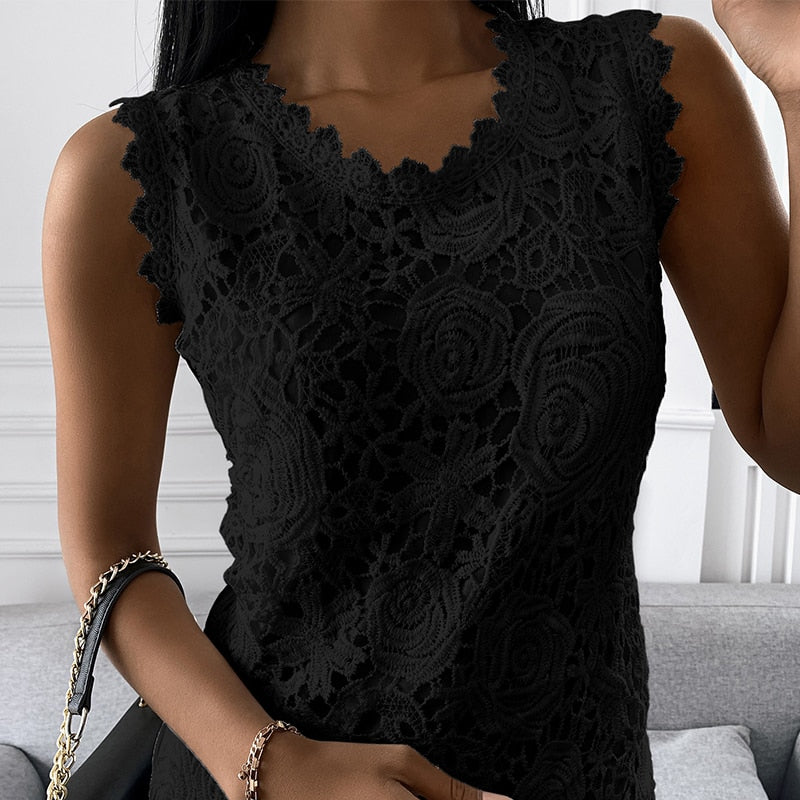 Vintage Lace Jacquard Solid Color Casual O-Neck Sleeveless T-Shirt