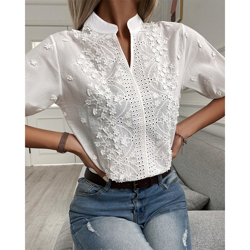 Solid Hollow-out V Neck Lace Blouse Floral Patterns Cotton Top