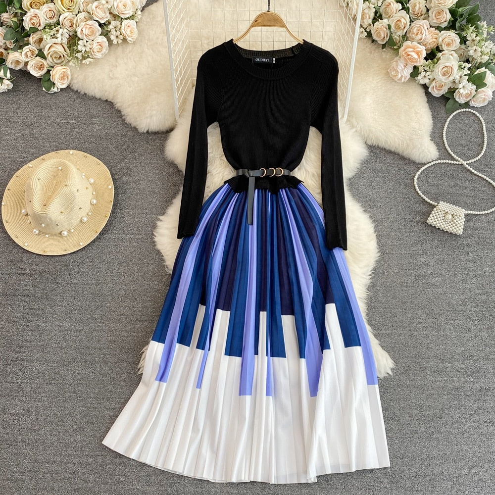 Autumn Winter Elegant Knitted Patchwork Contrast Color Pleated Dress