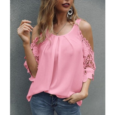 Solid Hollow-out V Neck Lace Blouse Floral Patterns Cotton Top