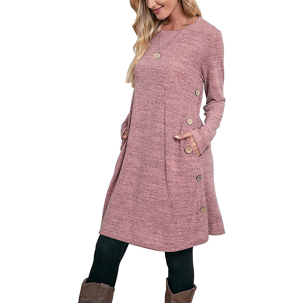 Colored Cotton Knitted Long-sleeved Buttoned Pocket A-line Fashion Dress
